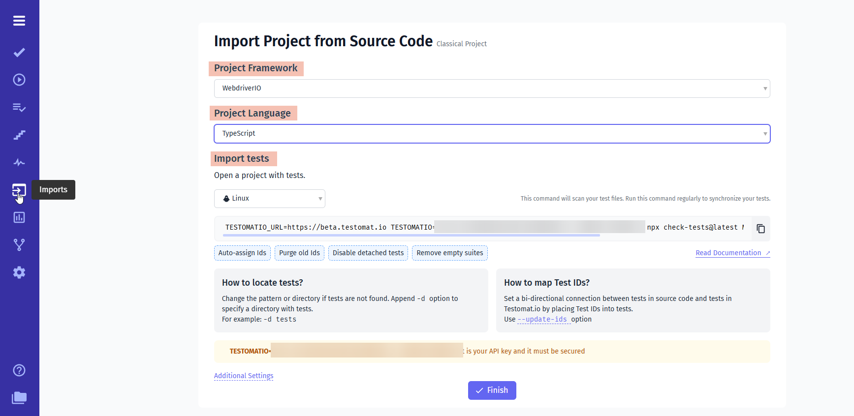 Testomat.io - Set up WebdriverIO project import